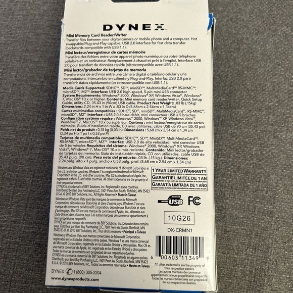 Dynex DX-CRMN1 Mini Memory Card Reader/Writer for Laptop Computer PC NEW - Picture 7 of 8